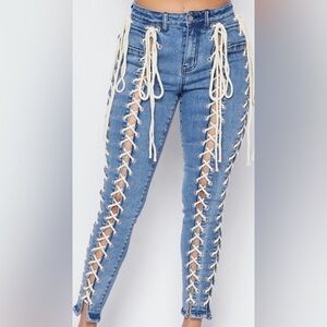Blue Lace-Up High Rise Jeans please read the description below